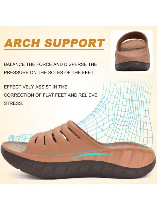 Men\'s Khaki Brown Recovery Orthotic Arch Support Open Toe Slides Slipper Shoes